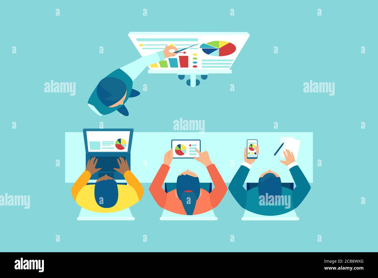 Vettore di un business manager formazione personale, presentando dati finanziari, strategia di una crescita aziendale Illustrazione Vettoriale