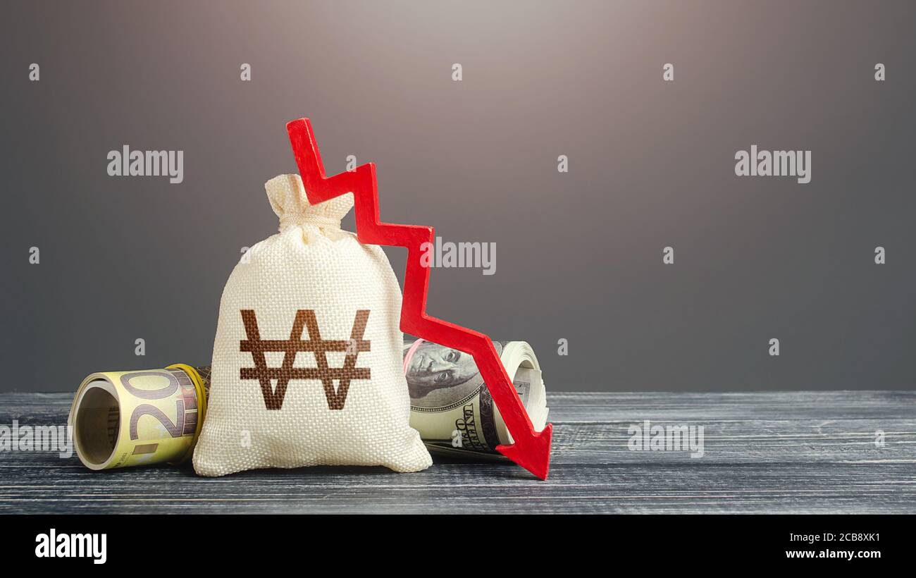 La corea del Sud ha vinto un sacco di soldi e una freccia rossa verso il basso. Le difficoltà economiche diminuiscono. Flusso di capitale, rischi elevati. Stagnazione, recessione, attività commerciale in declino Foto Stock