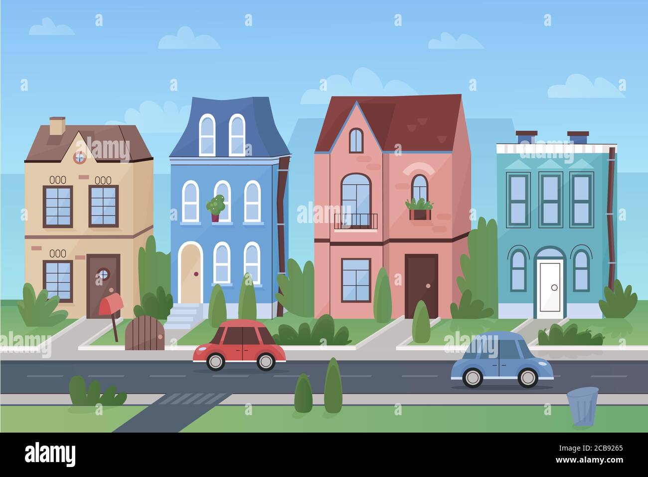 Cartoon vettore cute strada di una città colorata con negozi, automobili e alberi Illustrazione Vettoriale