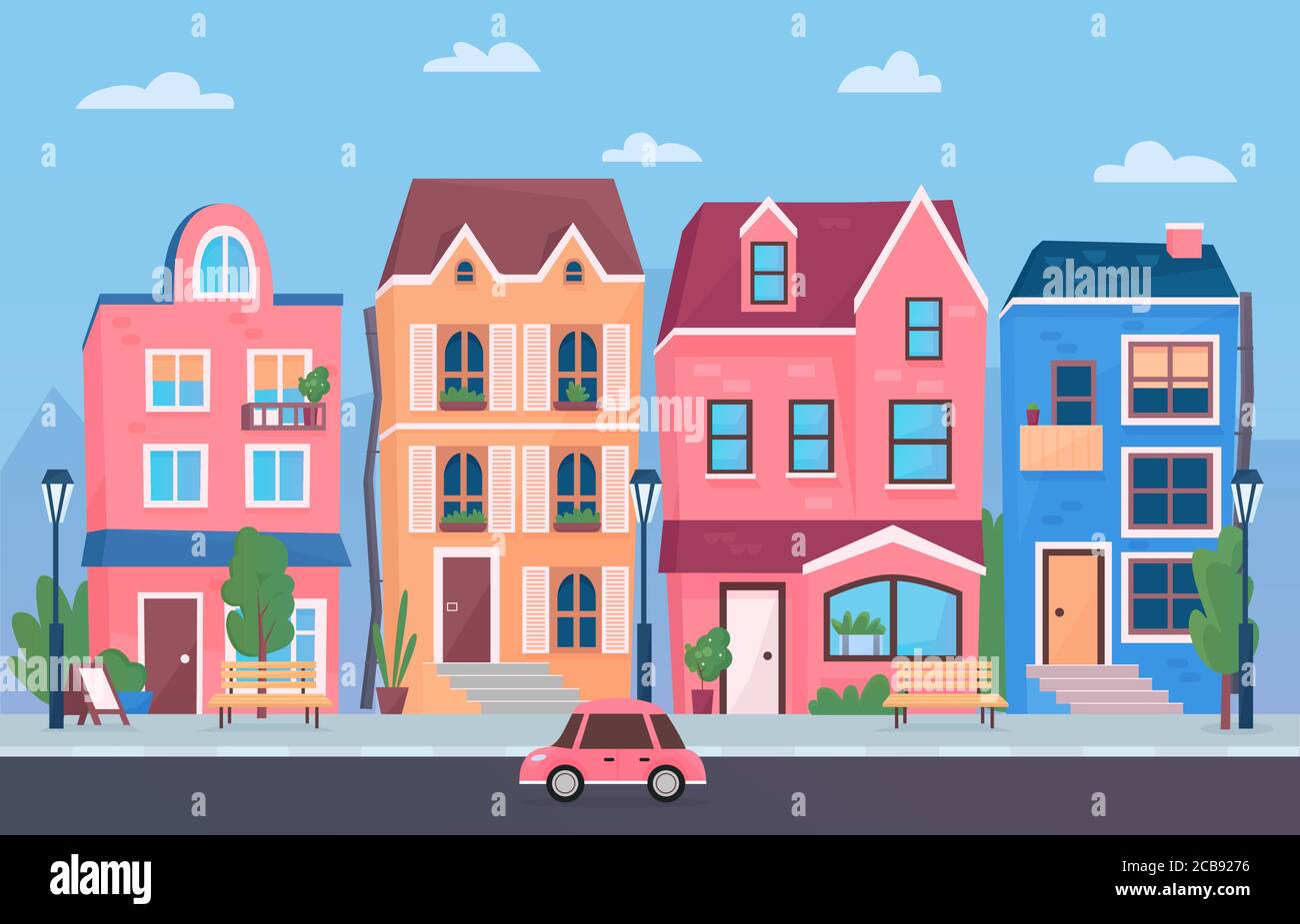 Soleggiato giorno piccola città strada. Cartoon divertente città edifici illustrazione vettoriale Illustrazione Vettoriale
