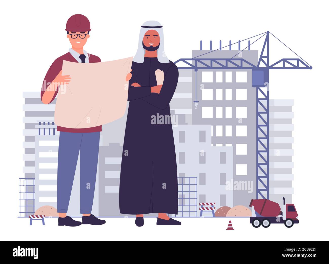 Architetto, ingegnere edile e manager cliente arabo musulmano con disegni tecnici su edifici e gru background. Costruzione di società di corpotazione, sviluppo immobiliare. Illustrazione Vettoriale