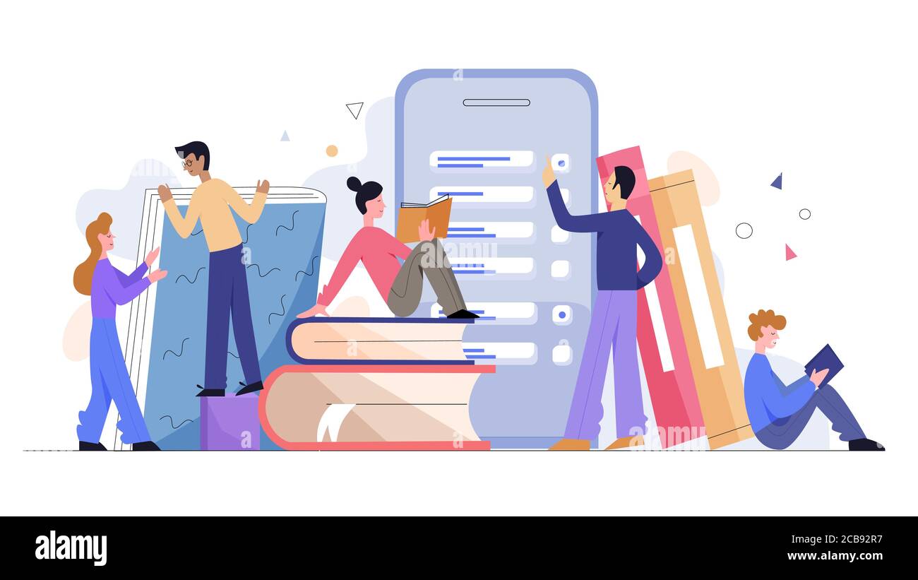 Affollate le persone che utilizzano la libreria online nel concetto Web di illustrazione vettoriale piatta dello smartphone. Seduti e rimanendo ragazzi, le ragazze leggono libri vicino a volumi giganti con un grande smartphone. Illustrazione Vettoriale