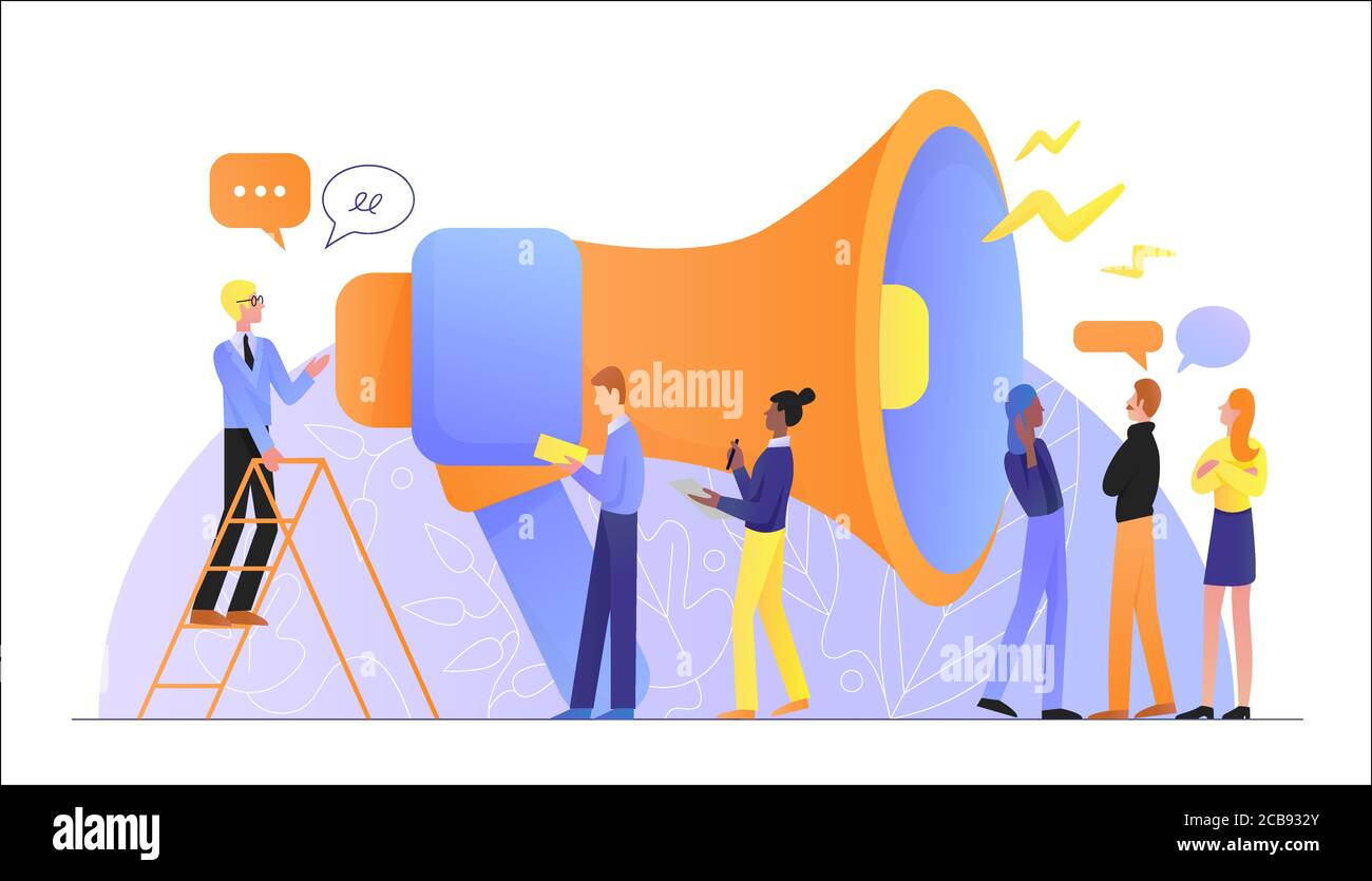 Grande megafono di altoparlante che parla ai caratteri della gente della folla che fa pubblicità al concetto dell'azienda di vendita. Annuncio, comunicazione commerciale, promozione, marketing pubblicitario Illustrazione Vettoriale