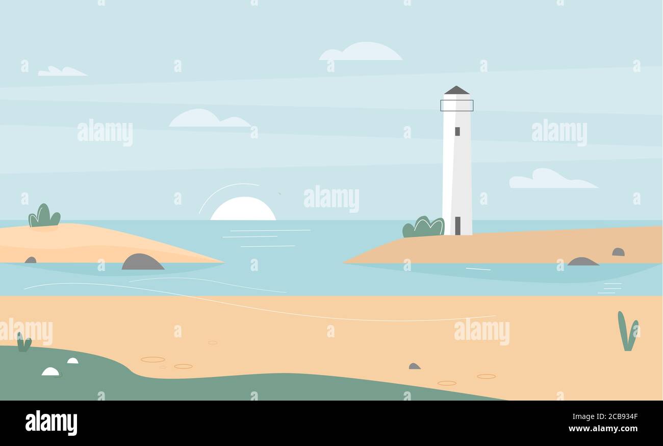 Disegno orizzontale piatto dell'oceano o della costa del mare illustrazione vettoriale. Natura mare sfondo, cielo con sole, nuvola, spiaggia, mare, faro, isola. Turismo, concetto di viaggio estivo, carta da parati, striscione Illustrazione Vettoriale