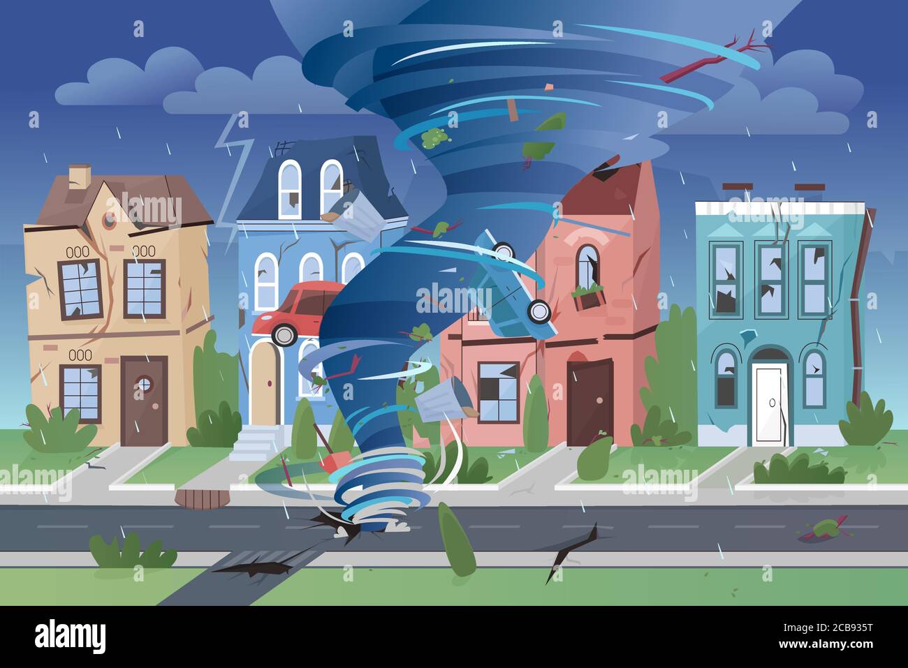Forte e potente uragano al tornado che distrugge gli edifici di piccole città. Disastro naturale vorticoso vortice che danneggia città e automobili illustrazione vettoriale Illustrazione Vettoriale