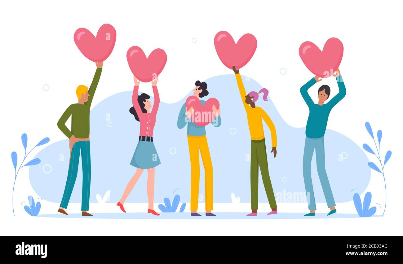 La gente che tiene i cuori di amore di tasso. Mostra il tuo amore di San Valentino. Valutazione breve. Rivedere la valutazione e il feedback. Scelta del cliente e conoscenza del concetto di cliente illustrazione vettoriale Illustrazione Vettoriale