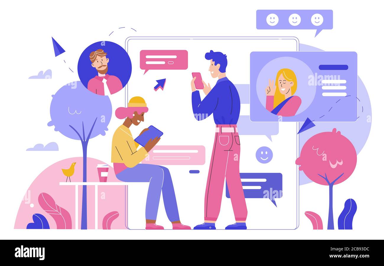Persone che chiacchierano con gadget in social network flat vettoriale illustrazione. Comunicazione online, business chat bolle, Love Messenger, pagina del profilo, social media e concetto di marketing digitale Illustrazione Vettoriale