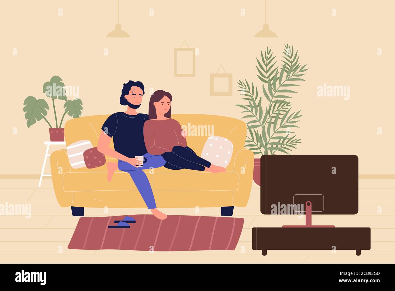 Giovane coppia di famiglia seduto sul divano e guardando il film in TV in soggiorno. Home tempo libero tempo libero, persone che riposano e trascorrere il tempo insieme cartoon flat vettore illustrazione Illustrazione Vettoriale