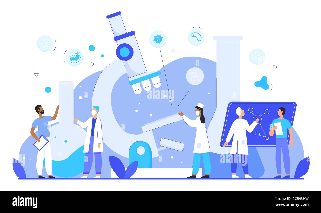 Gli epidemiologi ricercano patogeni in laboratorio di medicina a carattere piatto illustrazione vettoriale. Concetto epidemiologico con scienziati, microscopi, matracci, microbi, virus. Modello web di ricerca scientifica Illustrazione Vettoriale