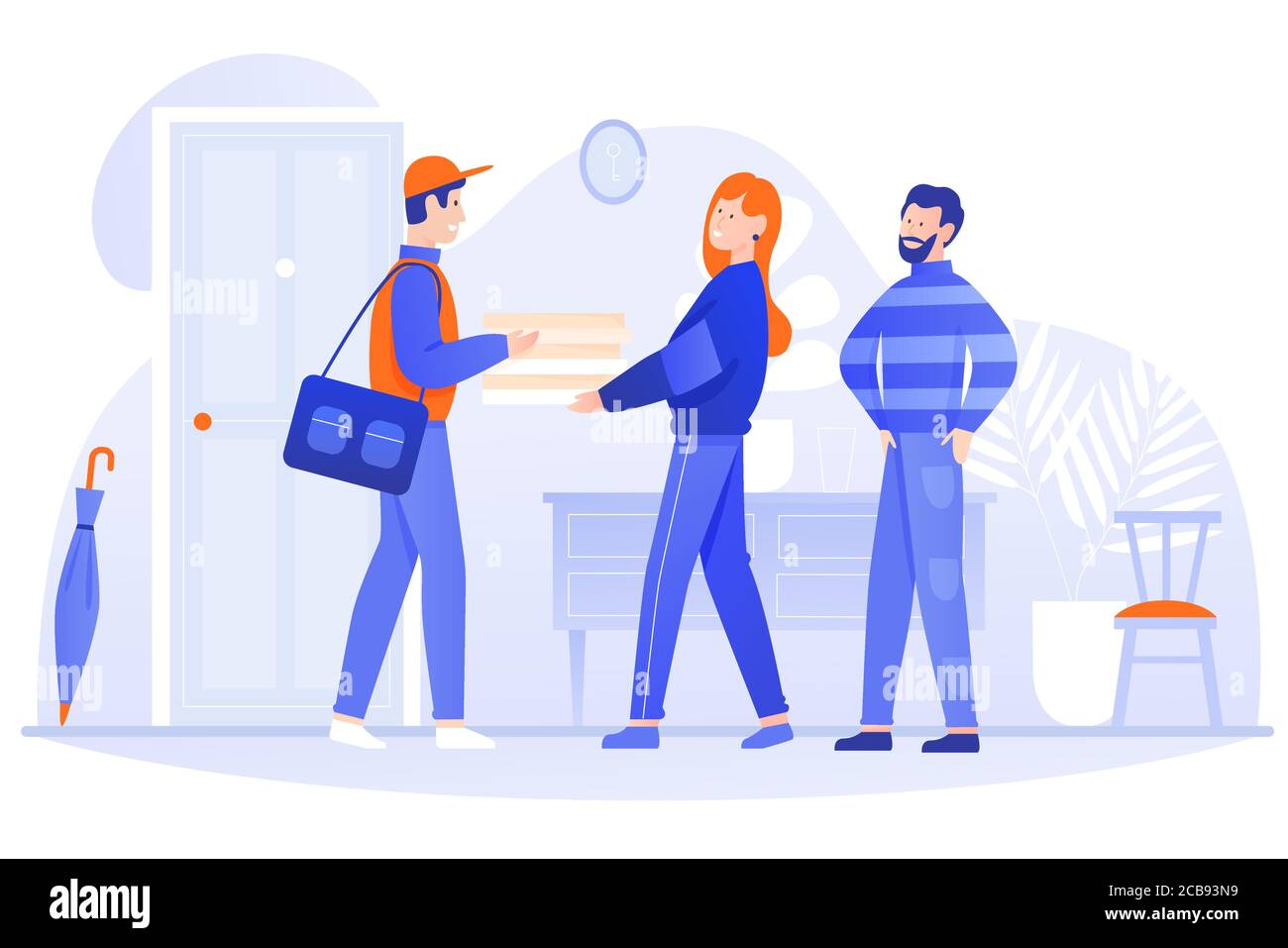 Illustrazione vettoriale della casa di consegna degli alimenti. Cartoon Happy Postman corriere carattere consegna scatola ai clienti coppia persone, tenendo il pacchetto con il cibo in mani. Servizio di consegna veloce e piatto isolato su bianco Illustrazione Vettoriale