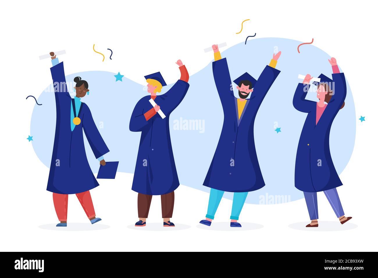 Illustrazione vettoriale per studenti laureati. Cartoon felice piatto  laureati in abito accademico, cappellino di laurea in possesso di diploma,  carattere che celebra l'università o la laurea di scuola isolato su bianco  Immagine