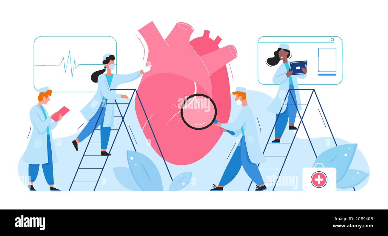 Medici in laboratorio ricerche cuore organo sanitario concetto medico piatto vettore illustrazione. Cardiologi uomini donne controllare cardiogramma, determinare diagnosi trattamento malattia. Ricerca in farmacia. Illustrazione Vettoriale
