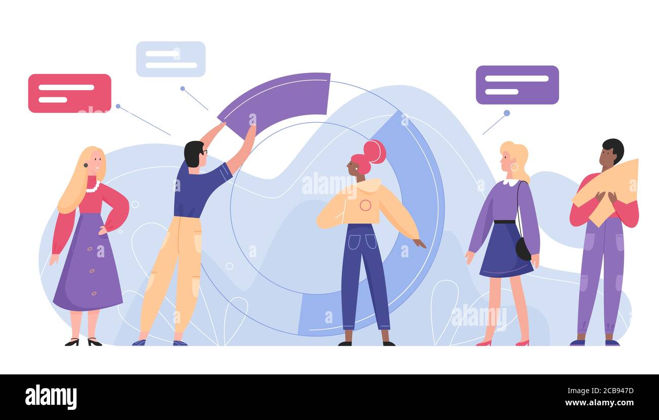 Analisi dello sviluppo aziendale concetto di illustrazione vettoriale piatta a caratteri piatti con grafico radiale. Il team lavora con statistiche e diagrammi. Analisi aziendale, attività finanziaria, consulenza di marketing Illustrazione Vettoriale