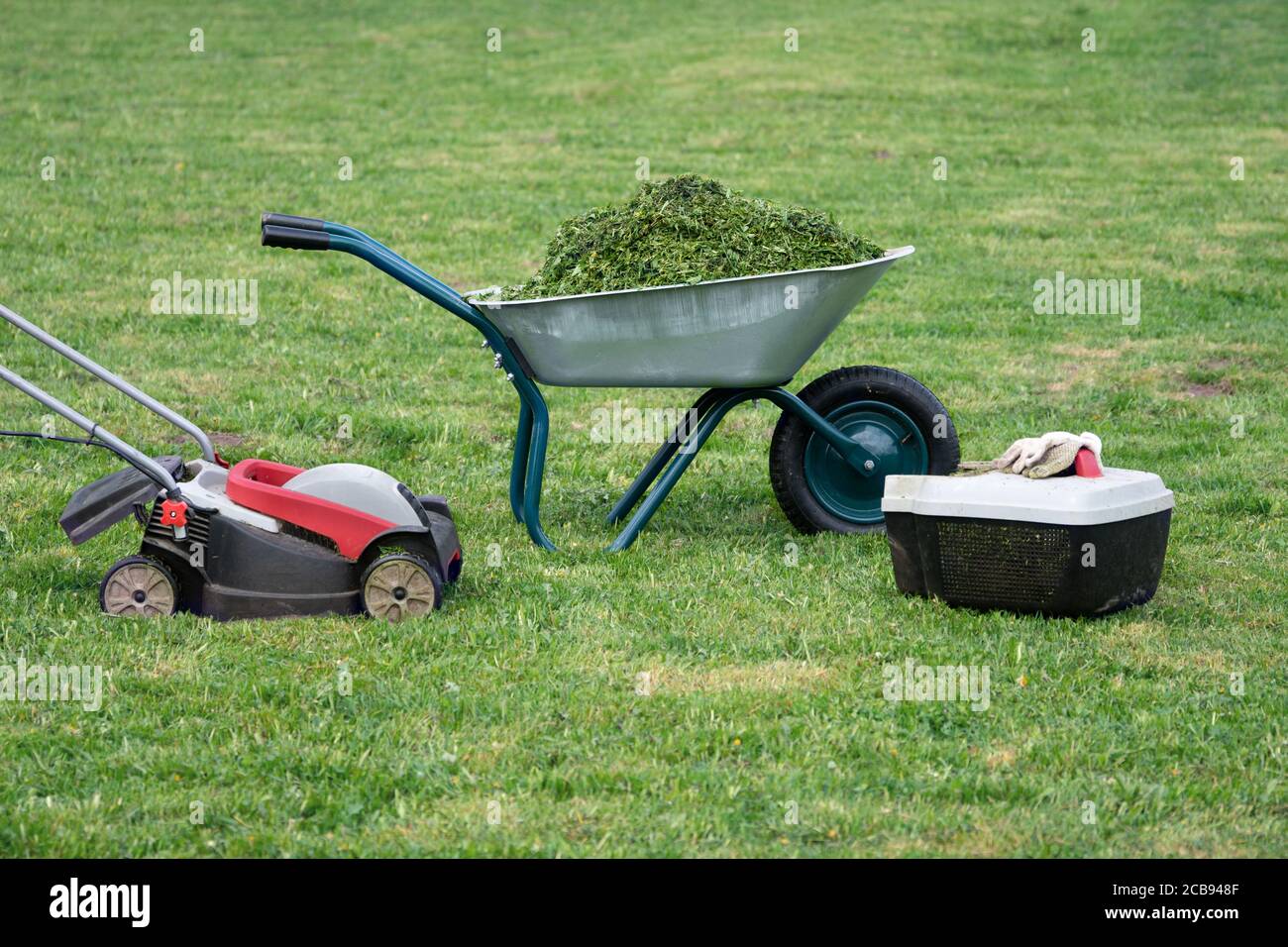 Tosaerba, tosaerba e carriola da giardino piena di erba tagliata sul prato rasato Foto Stock