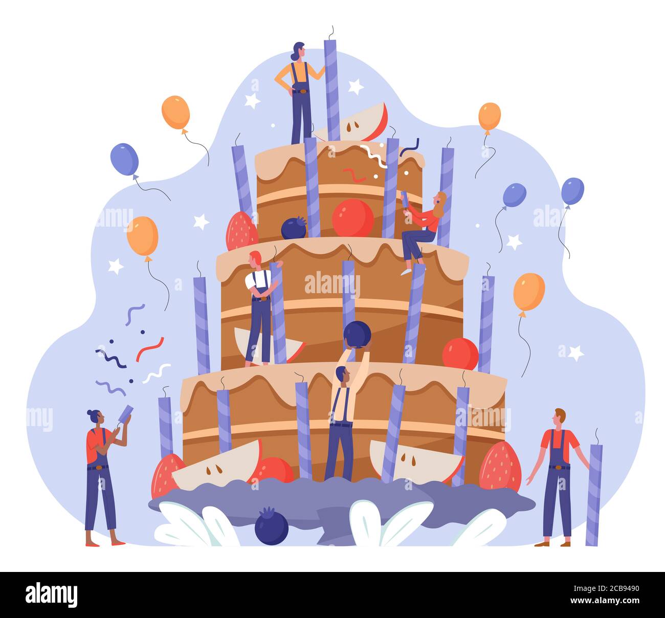 La squadra della gente decorare l'illustrazione del vettore della torta di compleanno. Cartoon minuscoli personaggi piatti che lavorano insieme sulla decorazione grande torta regalo di compleanno con crema, candele, frutti di bosco e decorazioni isolato su bianco Illustrazione Vettoriale