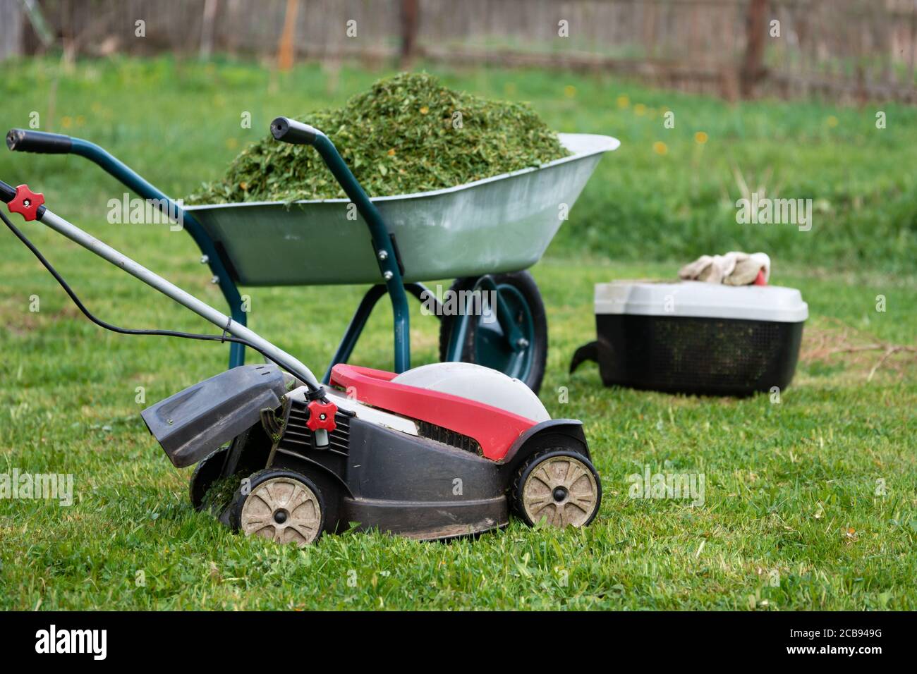 Tosaerba, tosaerba e carriola da giardino piena di erba tagliata sul prato rasato Foto Stock