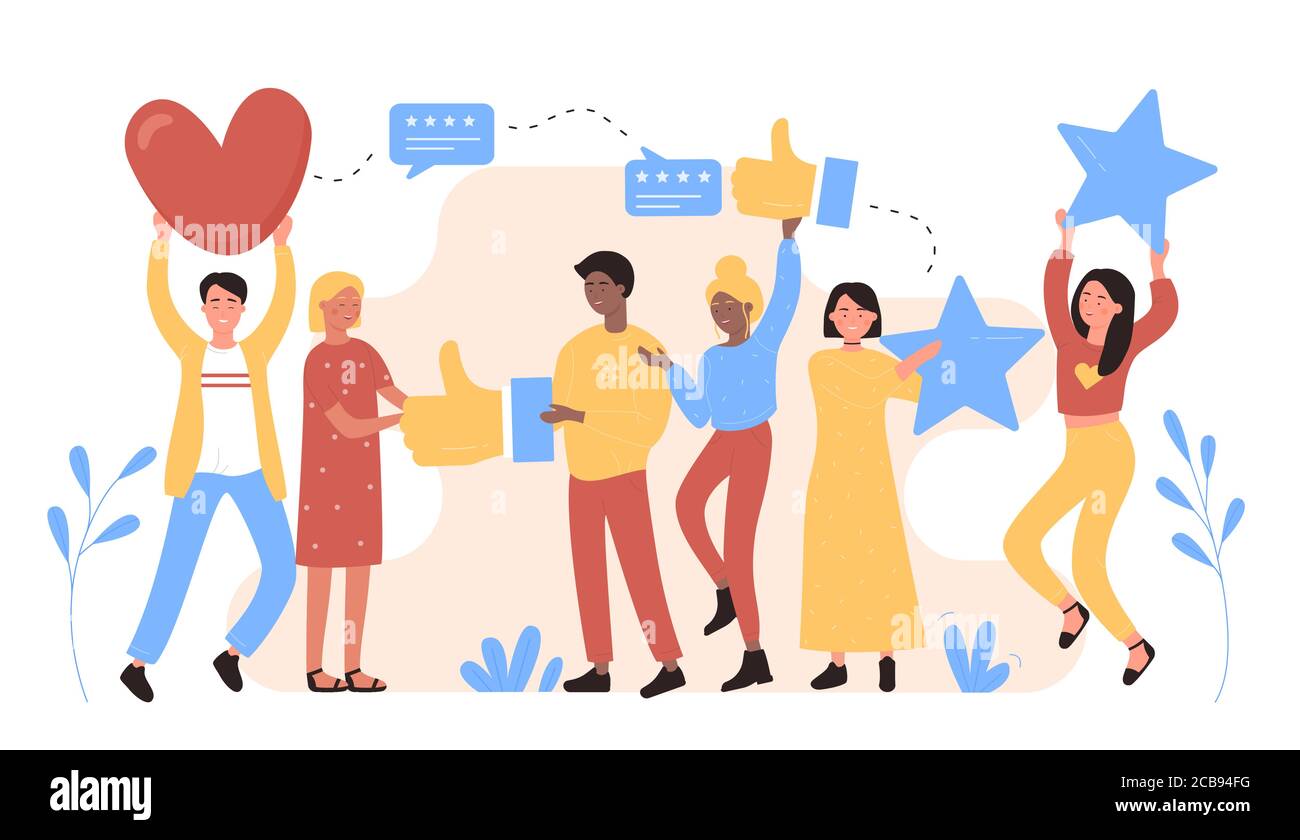 Il personale del cliente esamina l'illustrazione vettoriale. Cartoon piano personaggi felici uomini o donne che tengono il rating di stelle e simili a cuore, rivedere l'esperienza positiva nei social media, concetto isolato su bianco Illustrazione Vettoriale