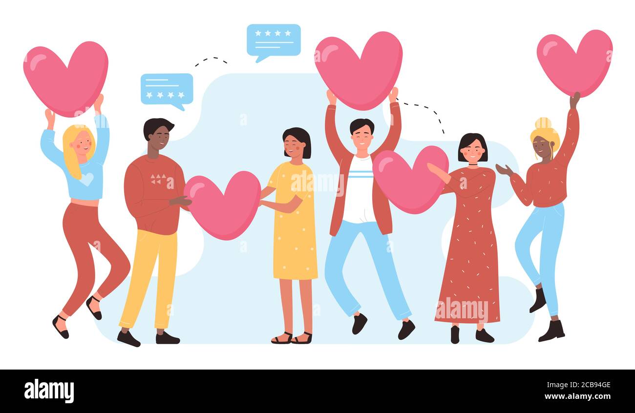 Adoro i social media con persone sorridenti e cuori. Mi piace simbolo concetto flat vettore illustrazione. Comunicazione, aspetto e sviluppo delle relazioni nelle reti sociali Illustrazione Vettoriale