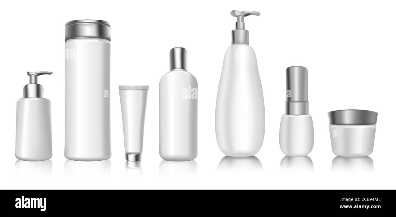 Pacchetto cosmetico vettoriale 3d realistico modello vuoto di contenitori in plastica bianca morbida. Crema, lozione, shampoo, gel, balsamo, shampoo, dispenser, spray per balsamo, set di illustrazioni vettoriali 3d Illustrazione Vettoriale