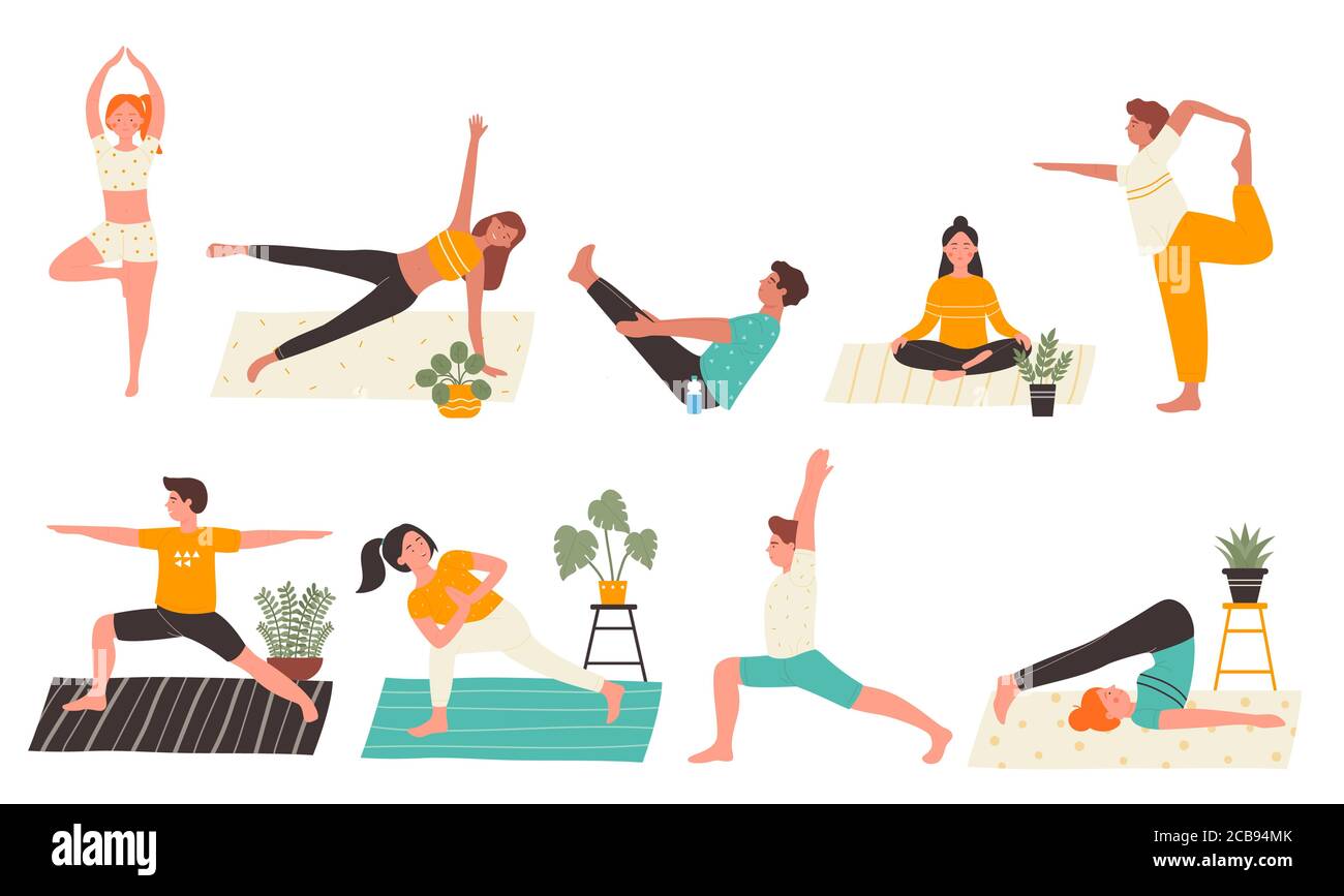 I giovani dello yoga pongono l'illustrazione piatta del vettore isolata su sfondo bianco. Yogi formazione uomo e donna a casa facendo principali esercizi di yoga. Personal trainer, lezioni di allenamento, stile di vita sano. Illustrazione Vettoriale