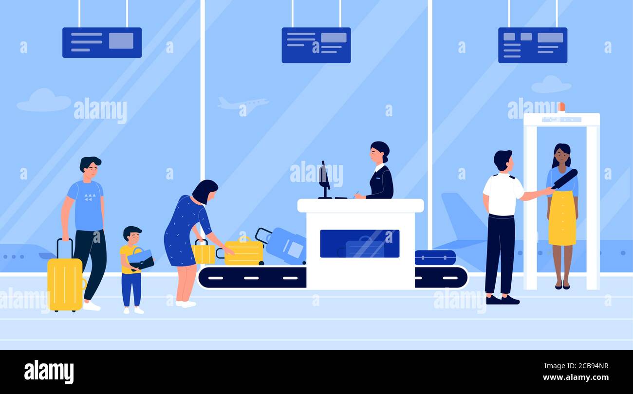 Persone in aeroporto controllo di sicurezza illustrazione vettore. I passeggeri dei cartoni animati possono riporre i bagagli sulla macchina a nastro trasportatore, passare attraverso il cancello del punto di controllo dello scanner. Sfondo interno del terminale della compagnia aerea Illustrazione Vettoriale