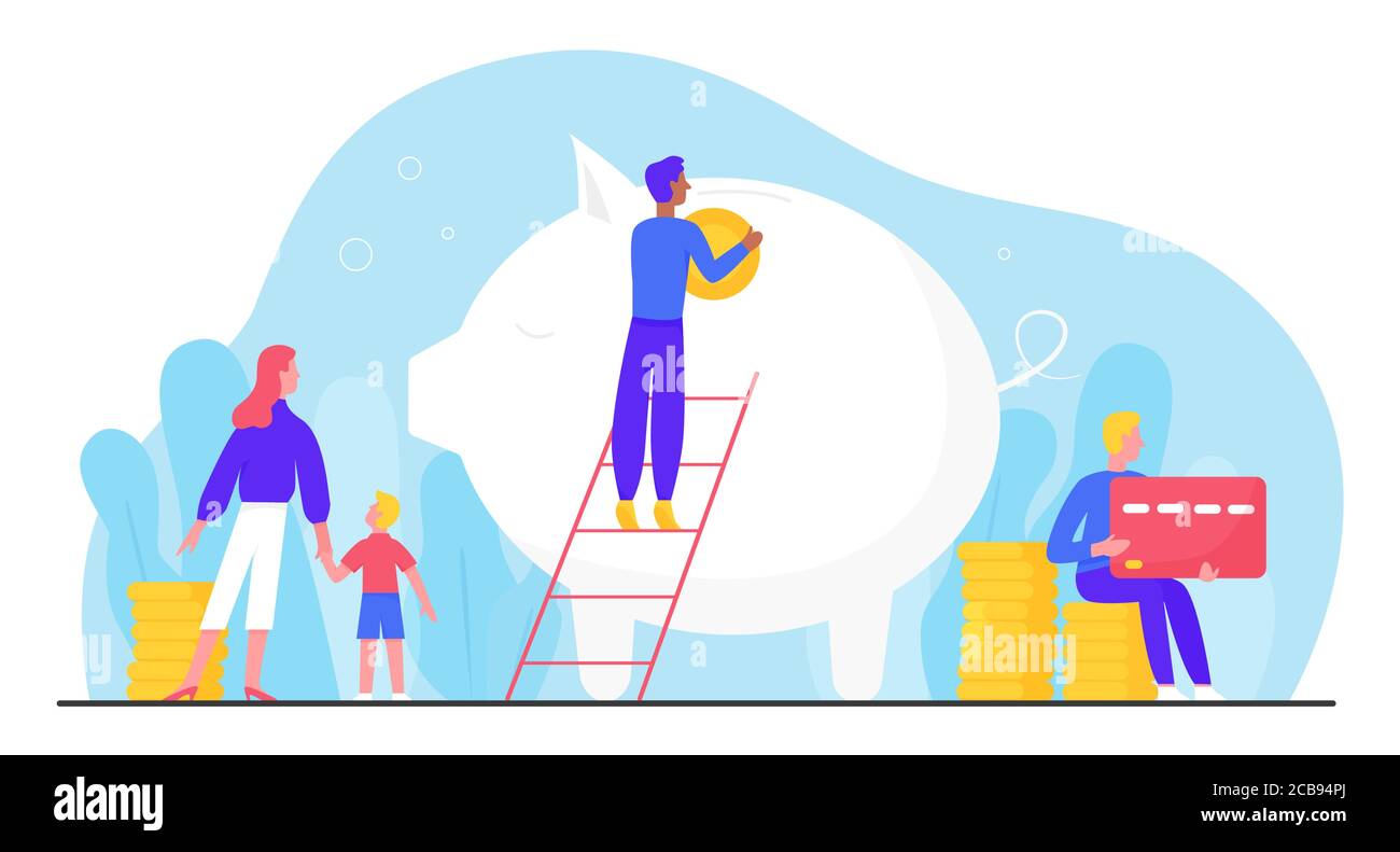 Illustrazione del vettore del conto bancario. Cartoon piatto piccola famiglia la gente investe moneta in grande piggy soldi conto bancario per salvare e far crescere il capitale. Investimenti contabili, concetto di crescita dei fondi isolato su bianco Illustrazione Vettoriale