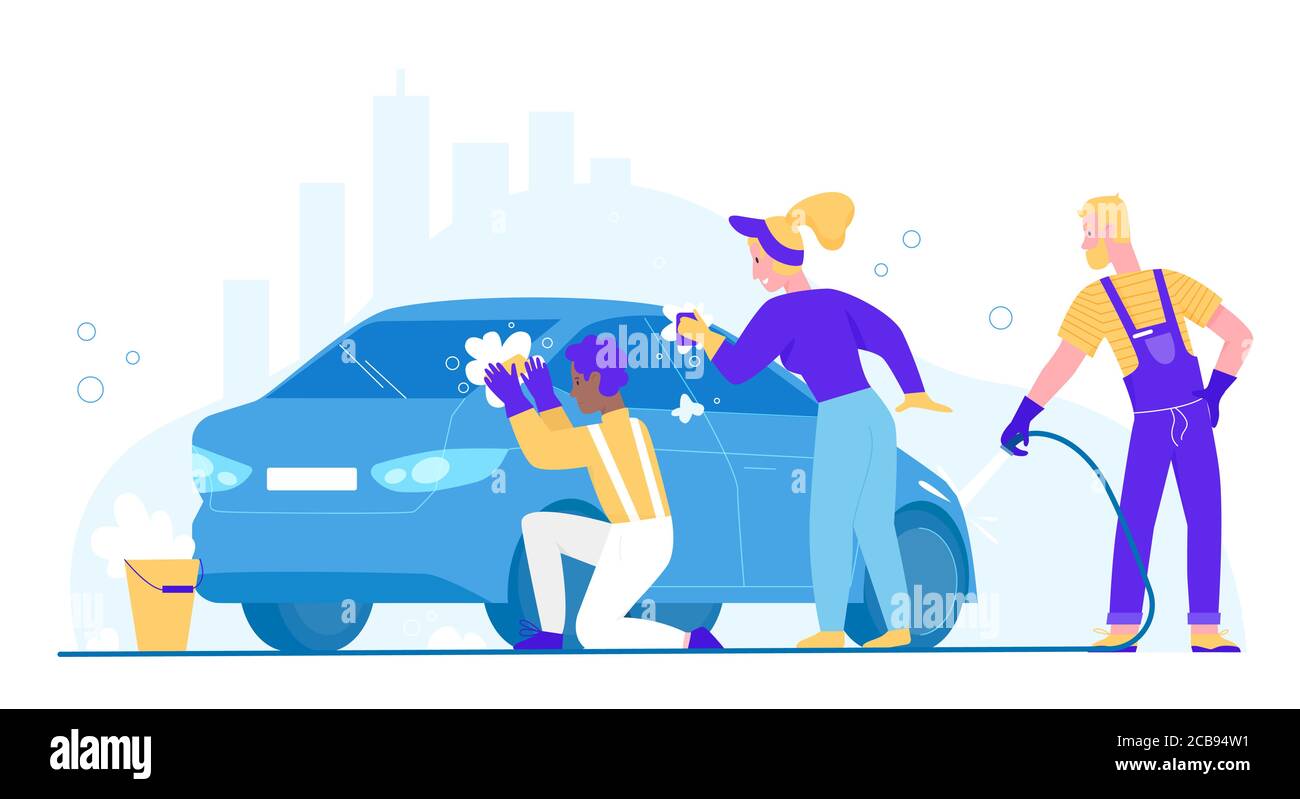 Illustrazione vettoriale auto lavaggio persone. Cartone animato uomo piatto donna lavatrice personaggi pulizia auto sporca, lavaggio auto con spugna e bolla di sapone. Stazione di servizio per autolavaggio isolata in bianco Illustrazione Vettoriale