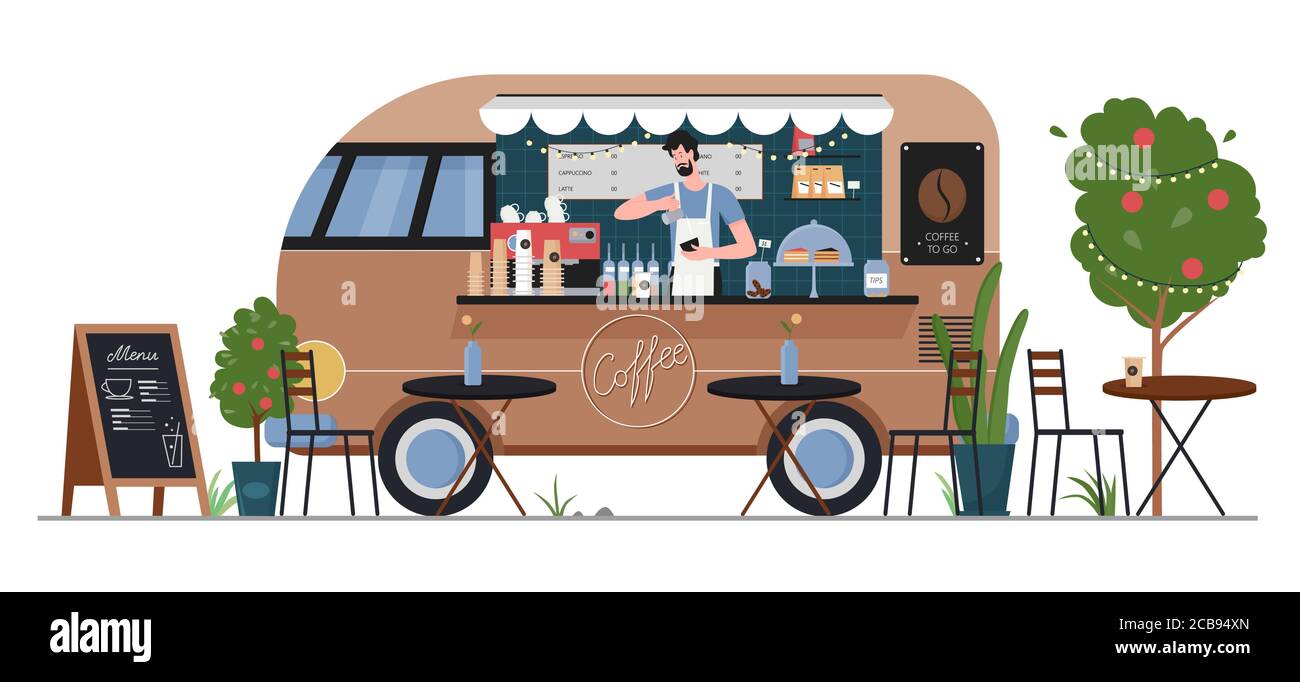 Illustrazione vettoriale del negozio di alimentari per caffè di strada. Cartoon flat fastfood caffè consegna macchina furgone auto con uomo hipster venditore carattere, servizio caffè in estate città mercato di strada isolato su bianco Illustrazione Vettoriale