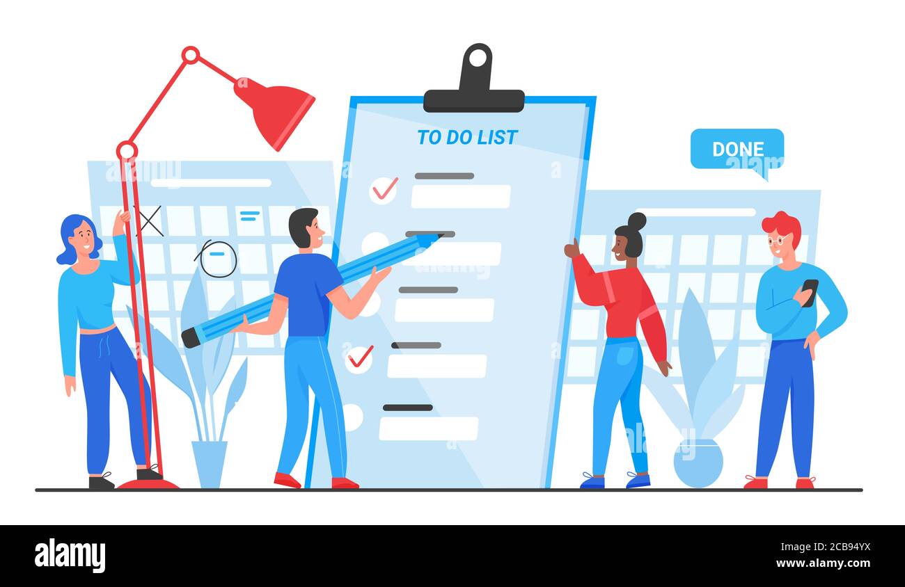 Elenco delle attività, gli obiettivi completano l'illustrazione del vettore concettuale. Cartoon piano gruppo di piccole persone pianificazione, in piedi vicino checklist planner documento cartaceo, marcatura completato attività aziendali isolato su bianco Illustrazione Vettoriale