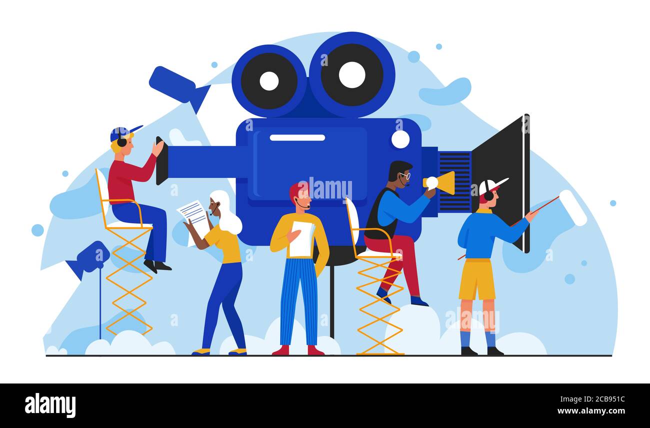 Illustrazione vettoriale per la produzione di film cinematografici. Cartoon flat filmmakers persone team fare film, piccolo cameraman ripresa video film in studio. Settore dell'intrattenimento video multimediale isolato su bianco Illustrazione Vettoriale