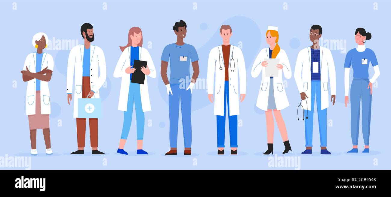 Gruppo di illustrazioni vettoriali per diversità dei medici. Cartoon uomo piano donna professionale personale ospedaliero, carattere medico con stetoscopio, medico e infermiere in piedi insieme, team di clinica medica Illustrazione Vettoriale