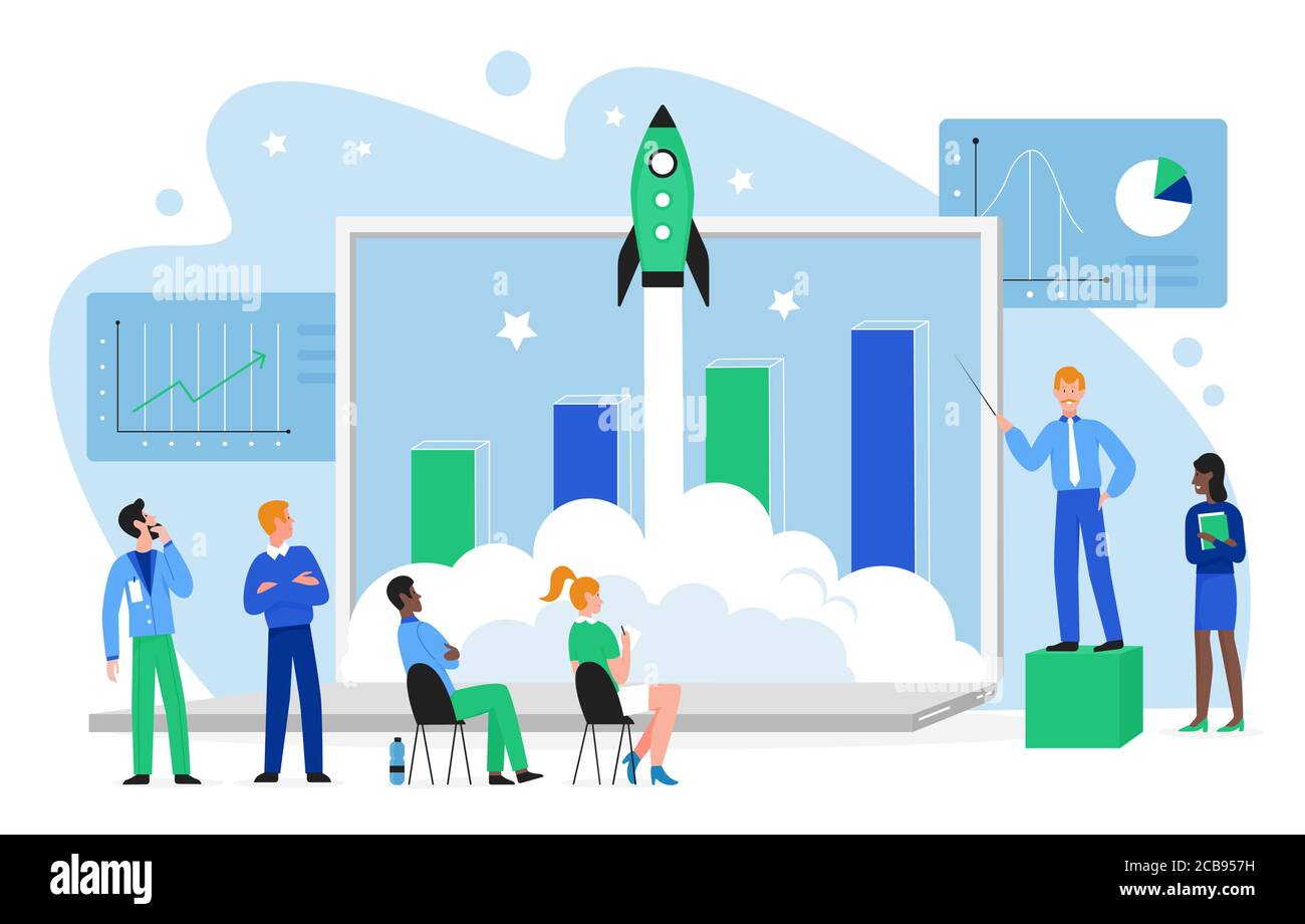 Illustrazione vettoriale del concetto di crescita finanziaria. Cartoon flat business People team lanciare razzo astronave nello spazio, lavorare sulla crescita grafico di profitto insieme, lanciare avvio finanziario isolato su bianco Illustrazione Vettoriale
