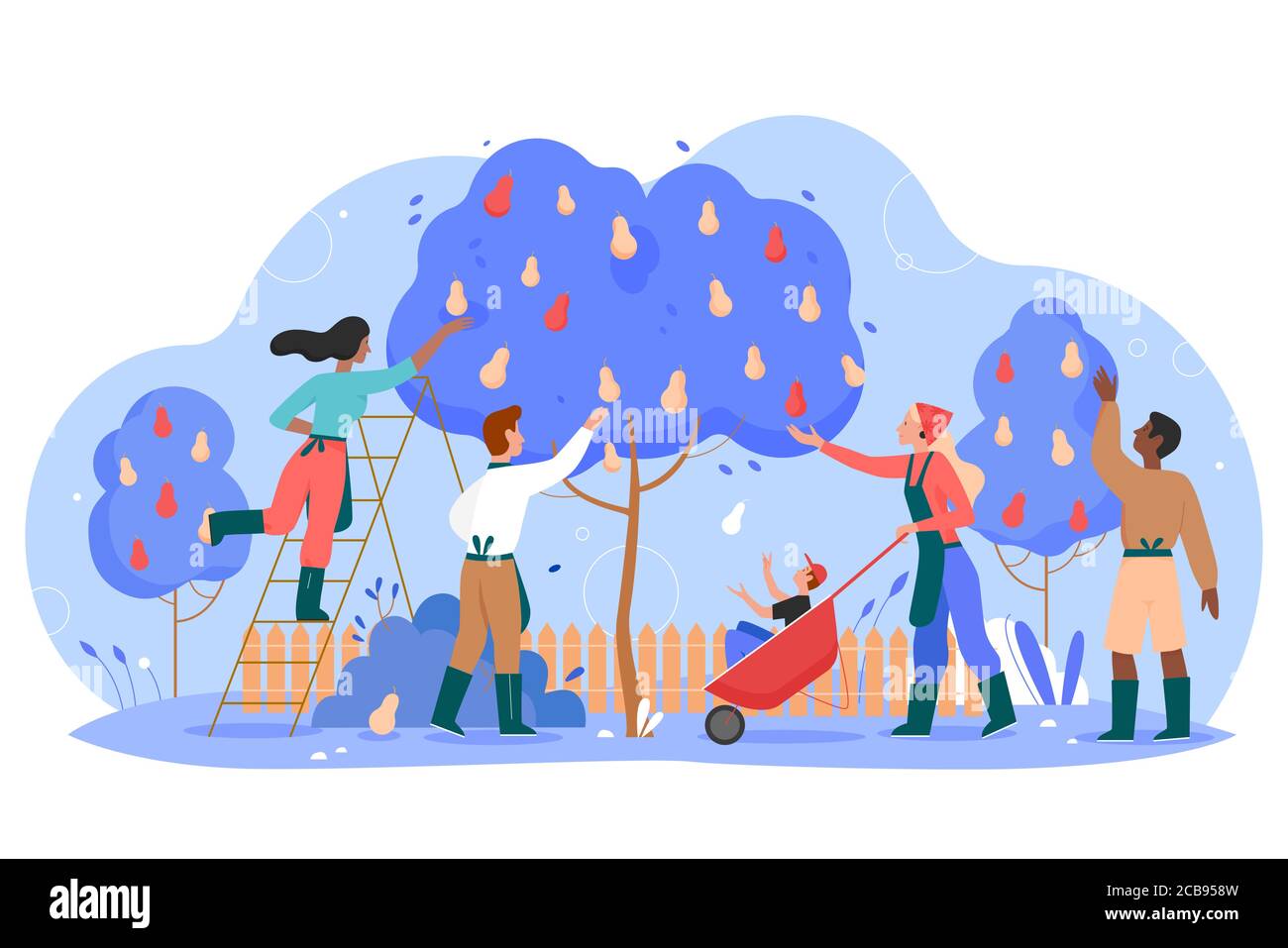 Persone giardinieri che lavorano in giardino illustrazione vettoriale. Cartoon uomo piatto donna lavoratore personaggi giardinaggio, raccolta e raccolta di pere raccolto da pera albero, stagionale giardino lavoro isolato su bianco Illustrazione Vettoriale