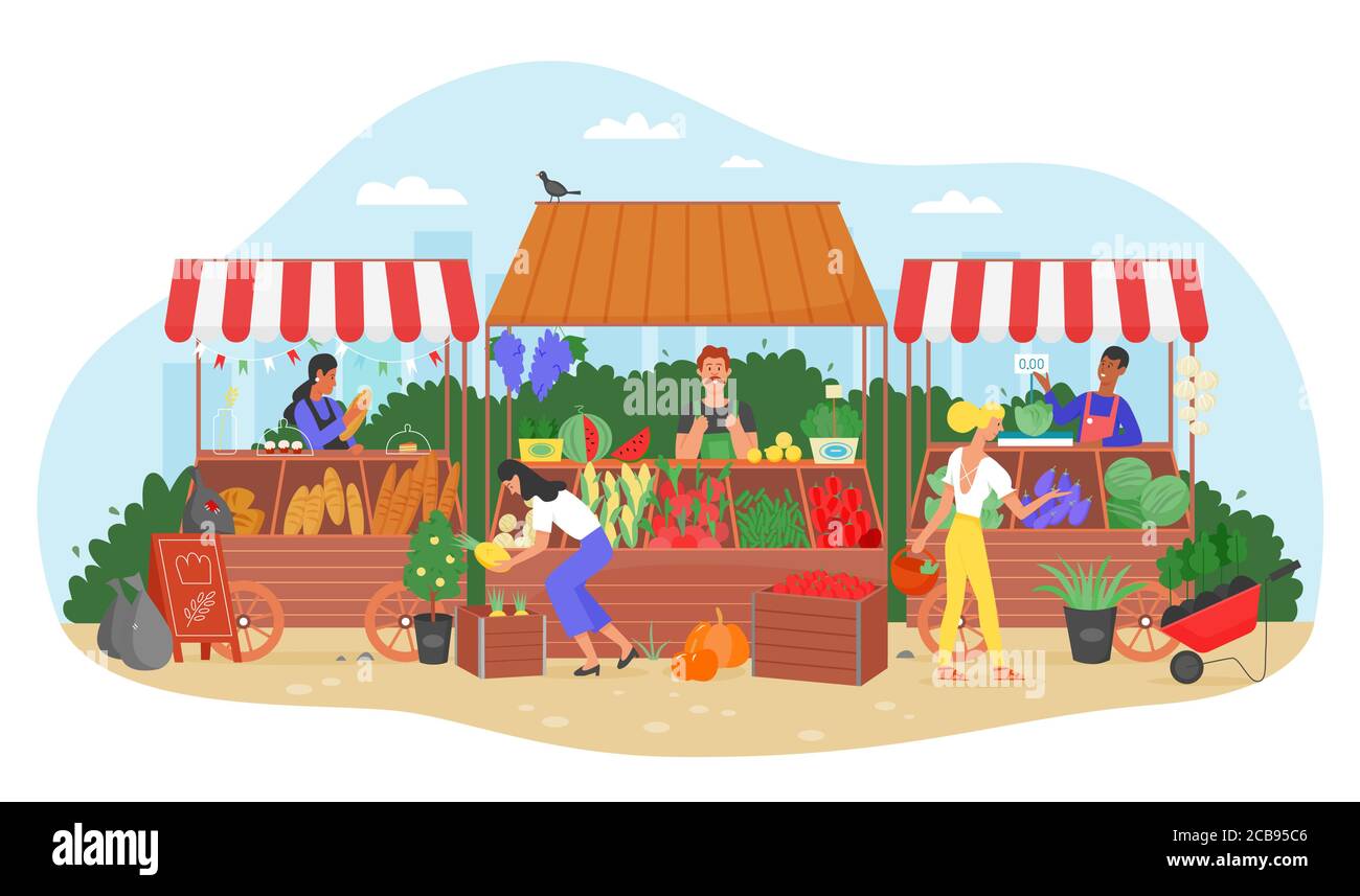 Illustrazione del vettore del mercato agricolo di alimento organico. Cartoon piatto contadino venditore carattere vendente frutta fresca raccolto e verdura al mercato di strada stalla, la gente in fiera locale strada isolato su bianco Illustrazione Vettoriale