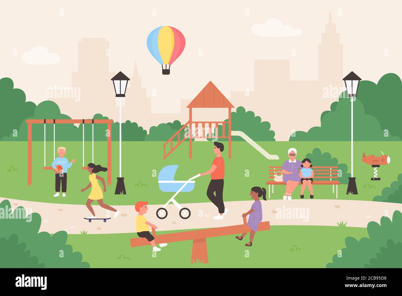 Persone in estate città parco illustrazione vettoriale. I personaggi di Cartoon Flat Family e dei bambini seduti sulla panca, i bambini che giocano ai giochi, si divertono insieme. Attività all'aperto in estate sullo sfondo del parco Illustrazione Vettoriale