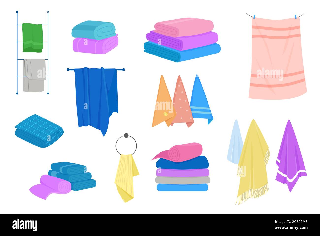 Asciugamani per bagno, igiene. Set di asciugamani in tessuto. Set di illustrazioni vettoriali cartone animato naturale per bagno. Illustrazione Vettoriale