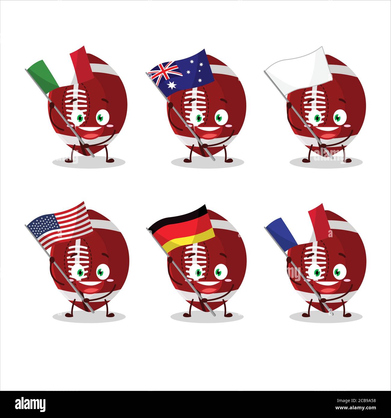 Rugby palla cartoon carattere portare le bandiere di vari paesi Illustrazione Vettoriale