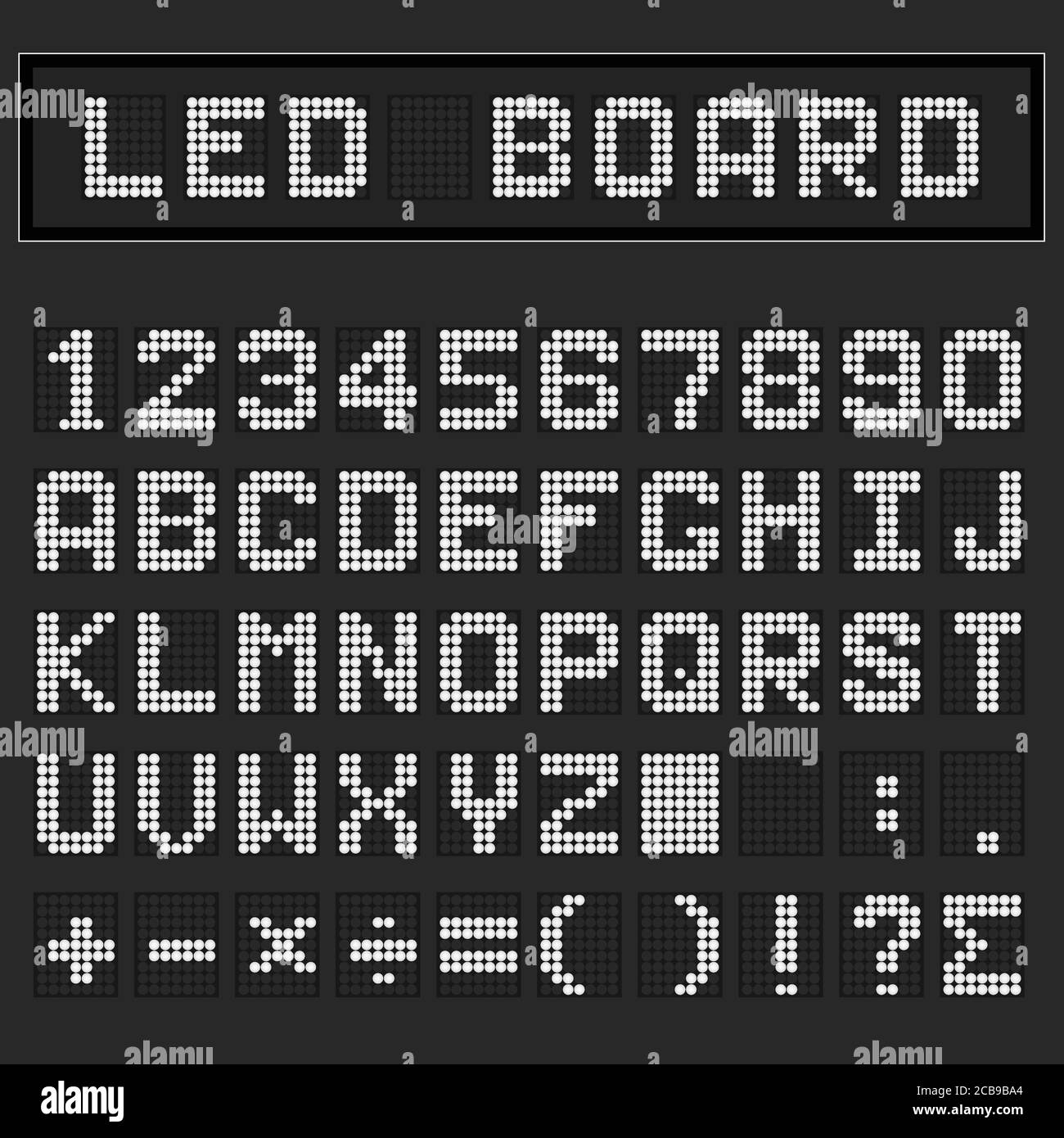 Bianco LED digitale inglese caratteri maiuscoli, numeri e simboli matematici visualizzati su sfondo nero Illustrazione Vettoriale