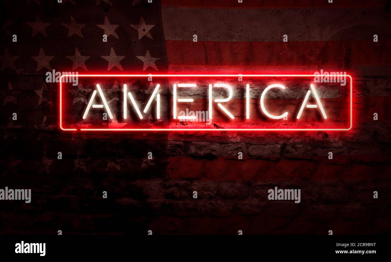 Grafica su Brick Wall con America Word e American Flag Foto Stock