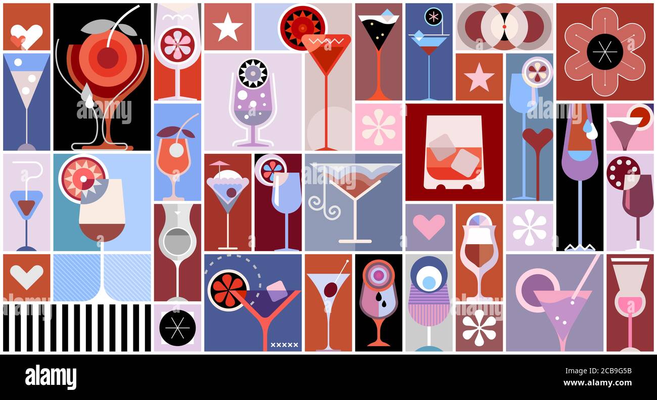 Collage vettoriale in stile pop art con molti cocktail vari. Poster per cocktail party. Illustrazione Vettoriale