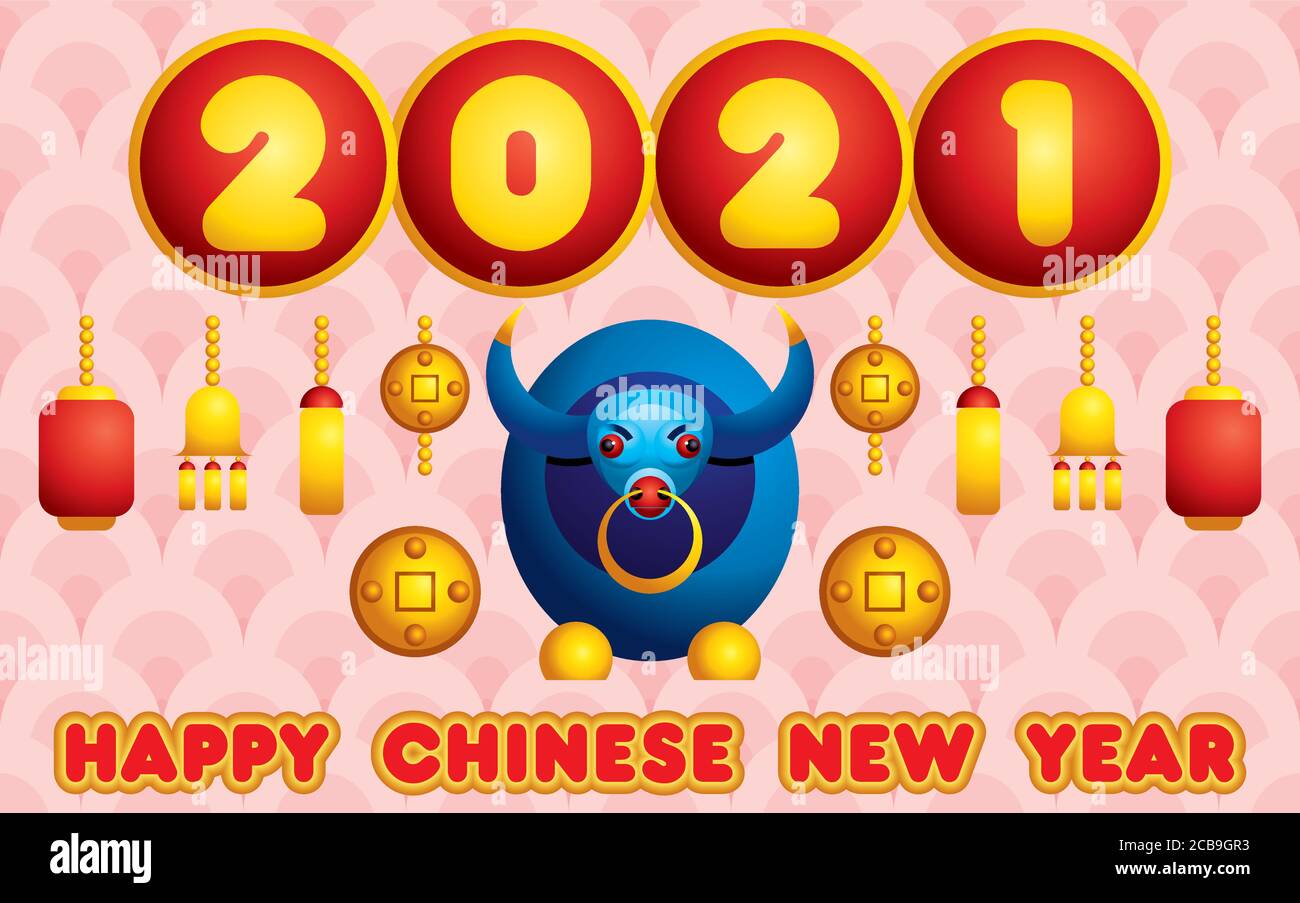 Illustrazioni per il nuovo anno cinese 2021, un'immagine stilizzata di un toro, un segno dello zodiaco cinese. White Metal Bull. Illustrazione Vettoriale