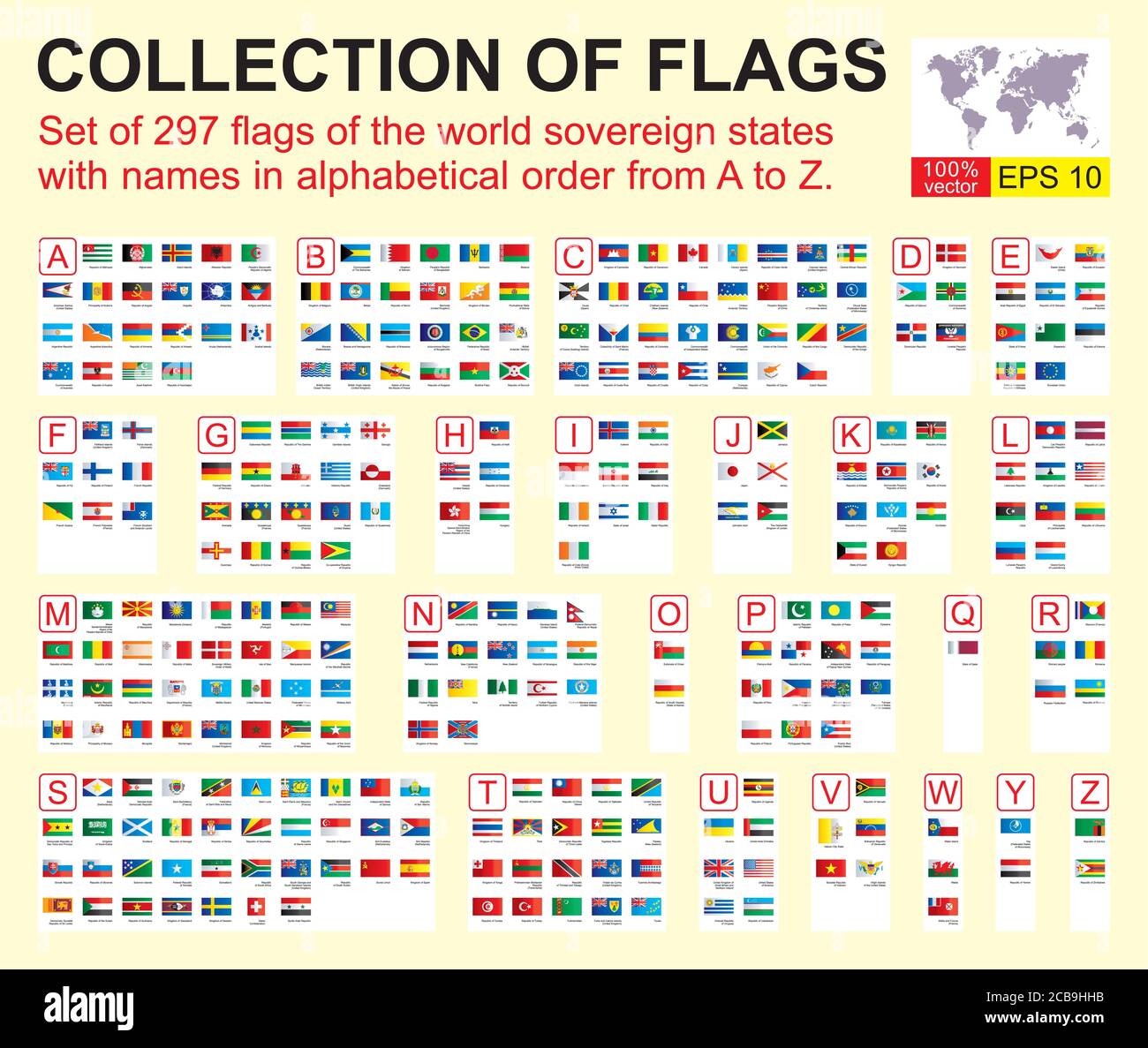 Insieme di 297 bandiere degli stati sovrani del mondo con nomi in ordine alfabetico da A a Z. illustrazione vettoriale. Illustrazione Vettoriale