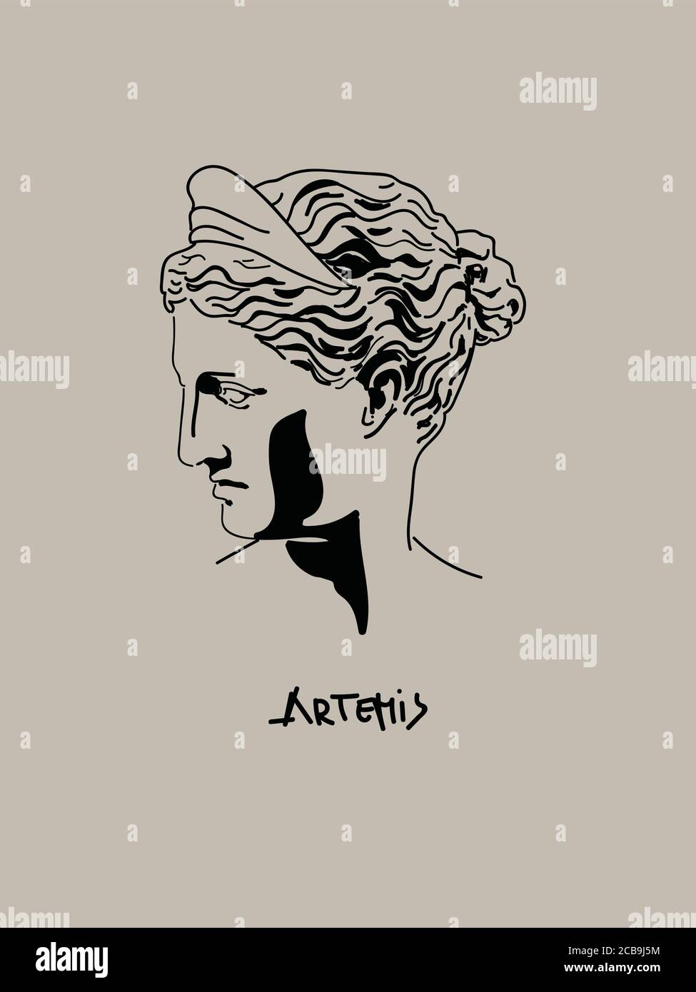 Dea greca Artemis Vector Art Ritratto. Disegno ombreggiato. Moderno e minimalista Illustrazione Vettoriale