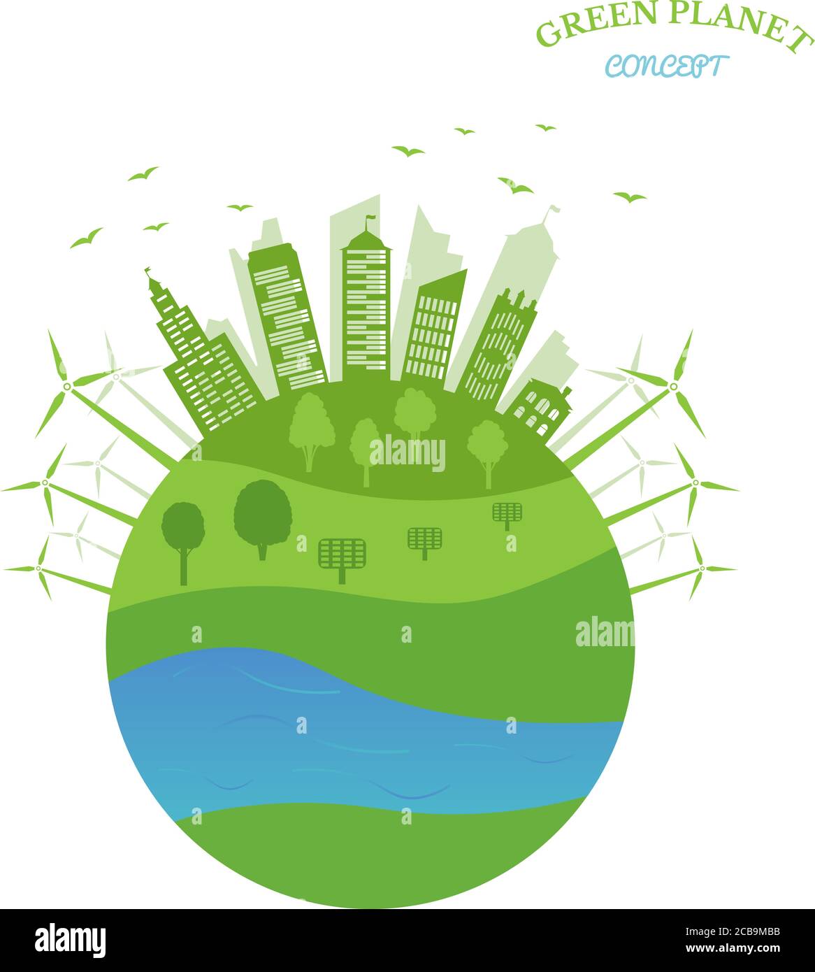 Concetto di pianeta verde e conservazione dell'ambiente. Energia rinnovabile con generatori eolici e pannelli solari. Illustrazione vettoriale. Illustrazione Vettoriale