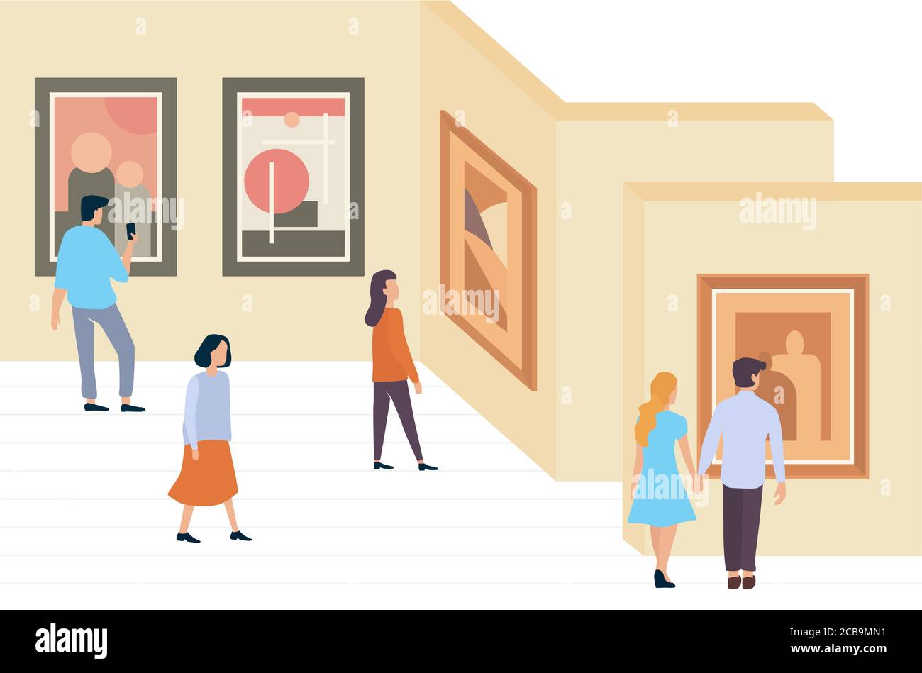 Mostra visitatori persone che camminano e guardano dipinti astratti moderni alla galleria d'arte contemporanea museo illustrazione vettoriale minimalistica. Illustrazione Vettoriale