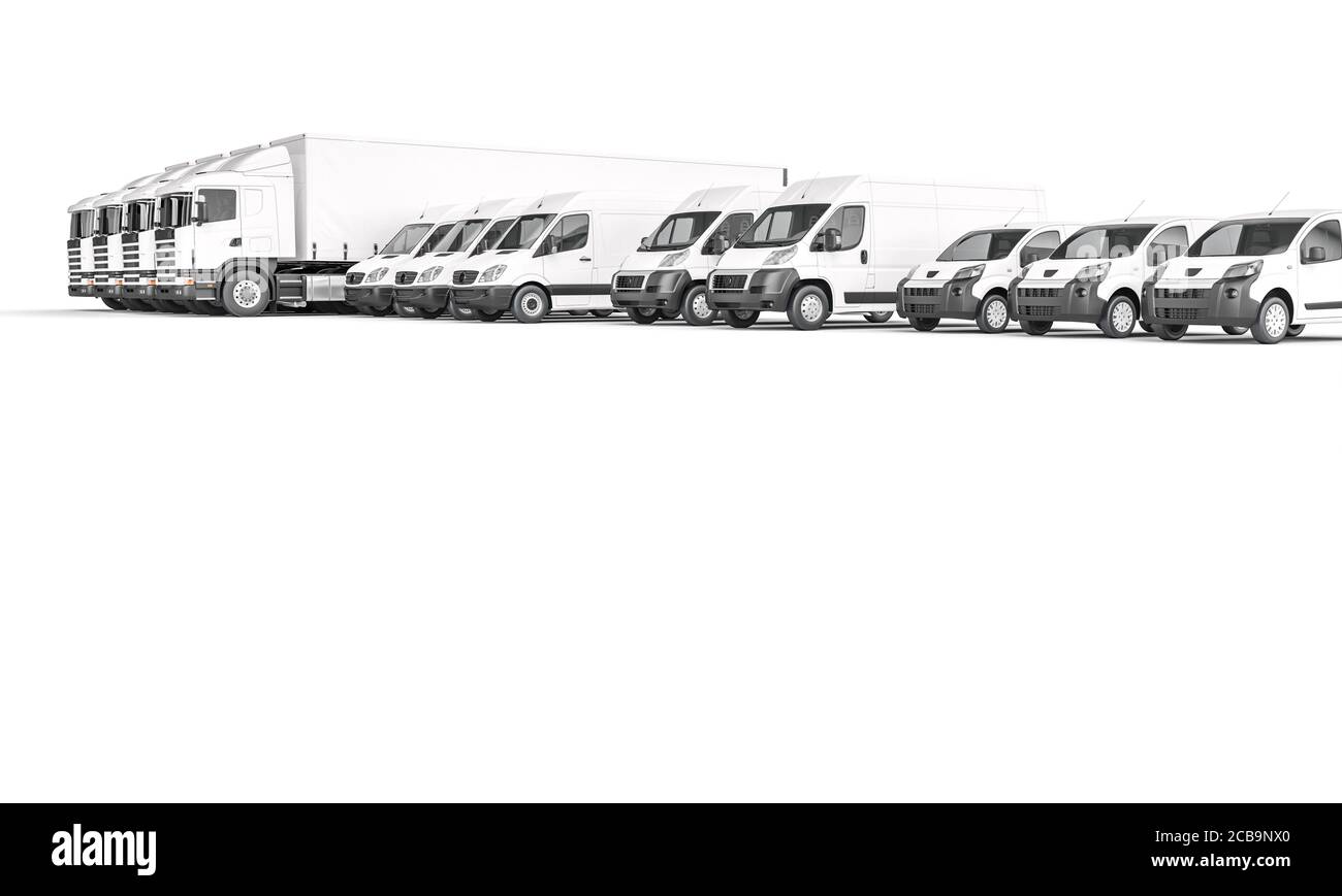 veicoli per merci bianche di diverse dimensioni. concetto di spedizione e logistica. rendering 3d. Foto Stock