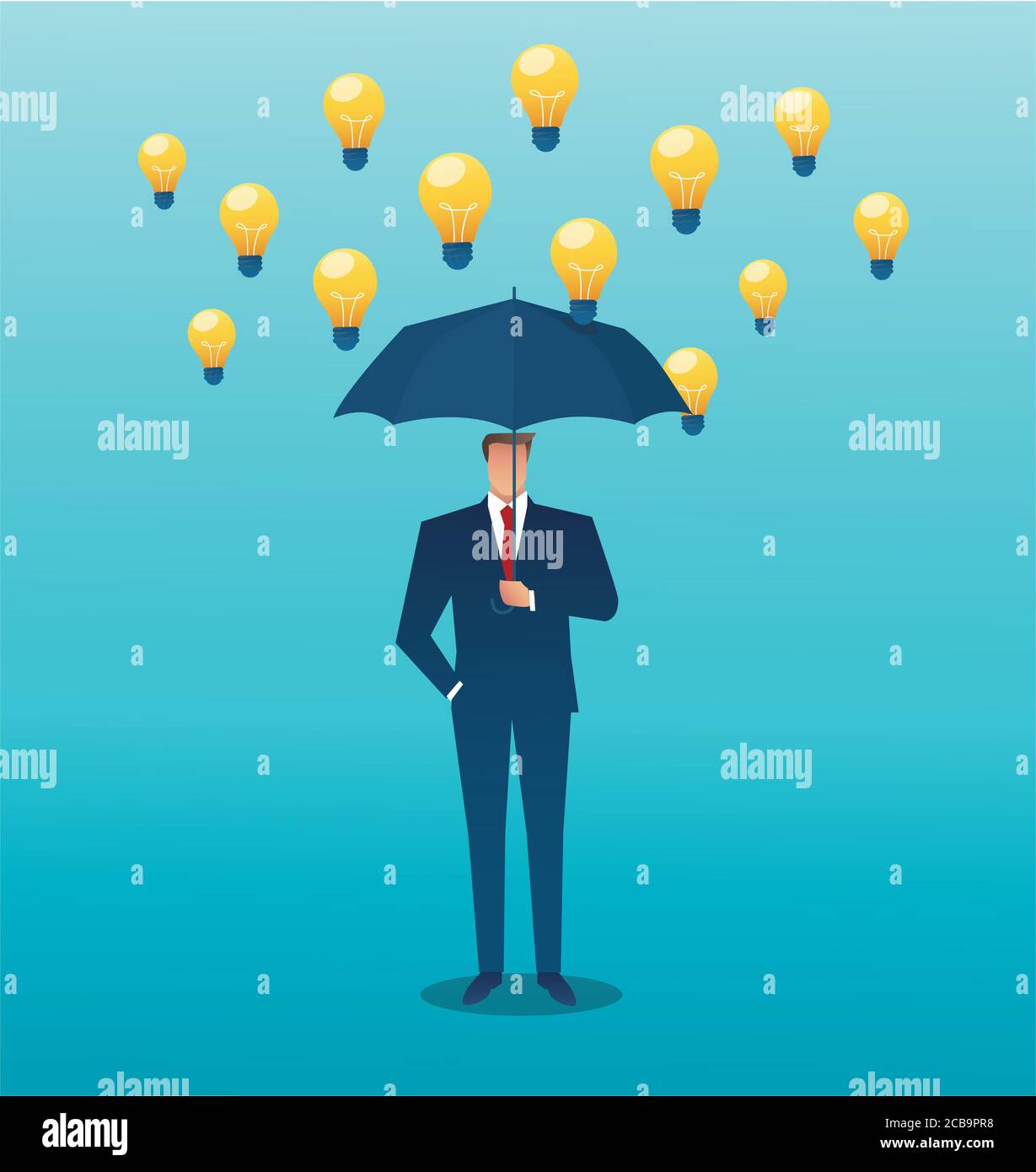 uomo che regge un ombrello e una lampadina che cade dal cielo. concetto creativo Foto Stock