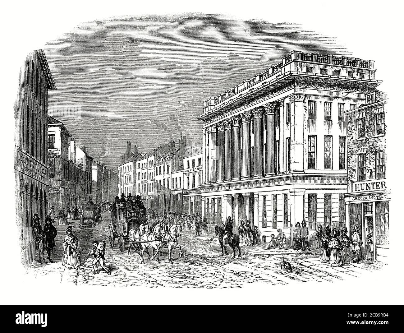 Una vecchia incisione di una scena di strada trafficata su Pilgrim Street e la Royal Arcade (centro a destra) su Pilgrim Street, Newcastle upon Tyne (comunemente noto come Newcastle), Tyne and Wear, Inghilterra, Regno Unito durante l'epoca vittoriana. Fu progettato da John Dobson e completato nel 1832 da Richard Grainger. Originariamente era stato progettato come un cambio di mais, ma poi è stato cambiato per l'uso come un centro commerciale e commerciale. Fu demolito nel 1963 per far posto all'autostrada Centrale e alla Swan House. Foto Stock Una vecchia incisione di una scena di strada trafficata su Pilgrim Street e la Royal Arcade (centro a destra) su Pilgrim Street, Newcastle upon Tyne (comunemente noto come Newcastle), Tyne and Wear, Inghilterra, Regno Unito durante l'epoca vittoriana. Fu progettato da John Dobson e completato nel 1832 da Richard Grainger. Originariamente era stato progettato come un cambio di mais, ma poi è stato cambiato per l'uso come un centro commerciale e commerciale. Fu demolito nel 1963 per far posto all'autostrada Centrale e alla Swan House. Foto Stock
