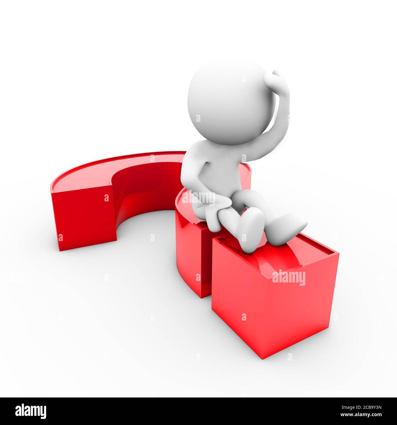 Rendering 3D di una statuina umana che graffia la testa e la seduta su un punto interrogativo rosso Foto Stock