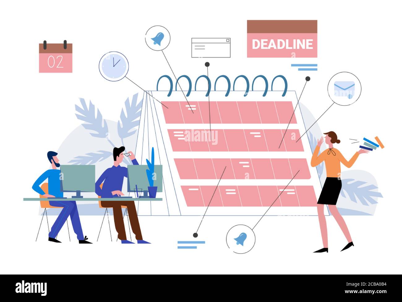 Scadenza nell'illustrazione del vettore di lavoro. Cartoon flat business persone organizzare il flusso di lavoro, pianificare la scadenza sul calendario promemoria pianificatore, efficace gestione del tempo, multitasking concetto isolato su bianco Illustrazione Vettoriale